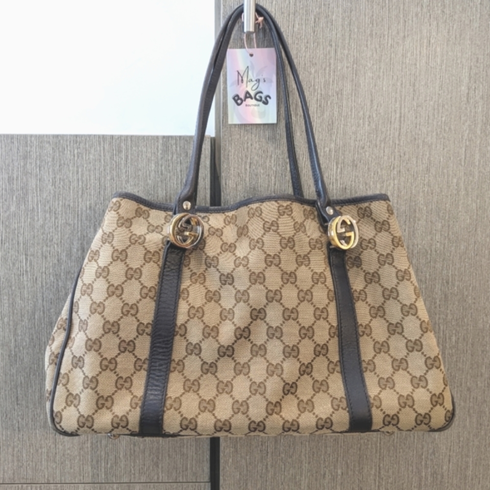 Gucci Beige GG Canvas Tote with Brown Leather Trim and Gold Hardware
